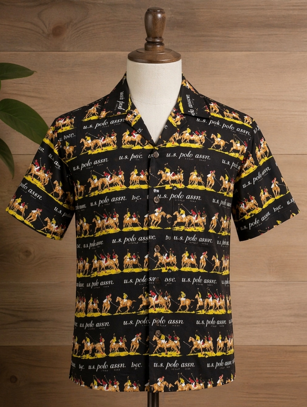 Equestrian Horse Pattern Button Up Shirt Men's XL Derby Races Black Yellow